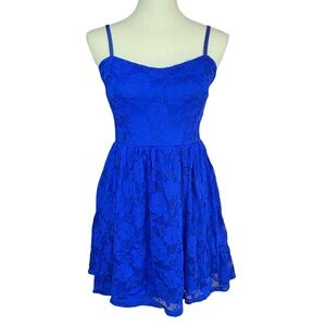 Floral Lace Spaghetti Strap Dress S cobalt blue a-line skater short mini